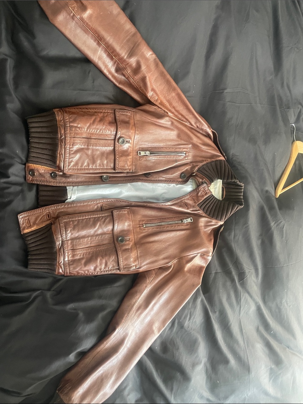 Gucci Brown Leather Bomber Jacket with Rib Trim
